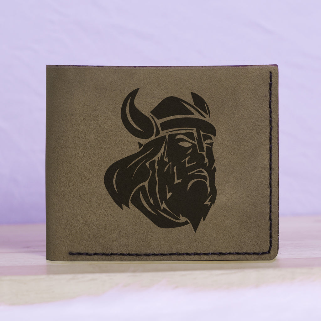 Men's Viking Head Natural Genuine Leather Blocking Bifold Wallet MHLT_01_GRN