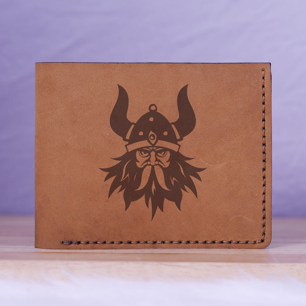 Men's Viking Head Natural Genuine Leather Blocking Bifold Wallet MHLT_01_BRN