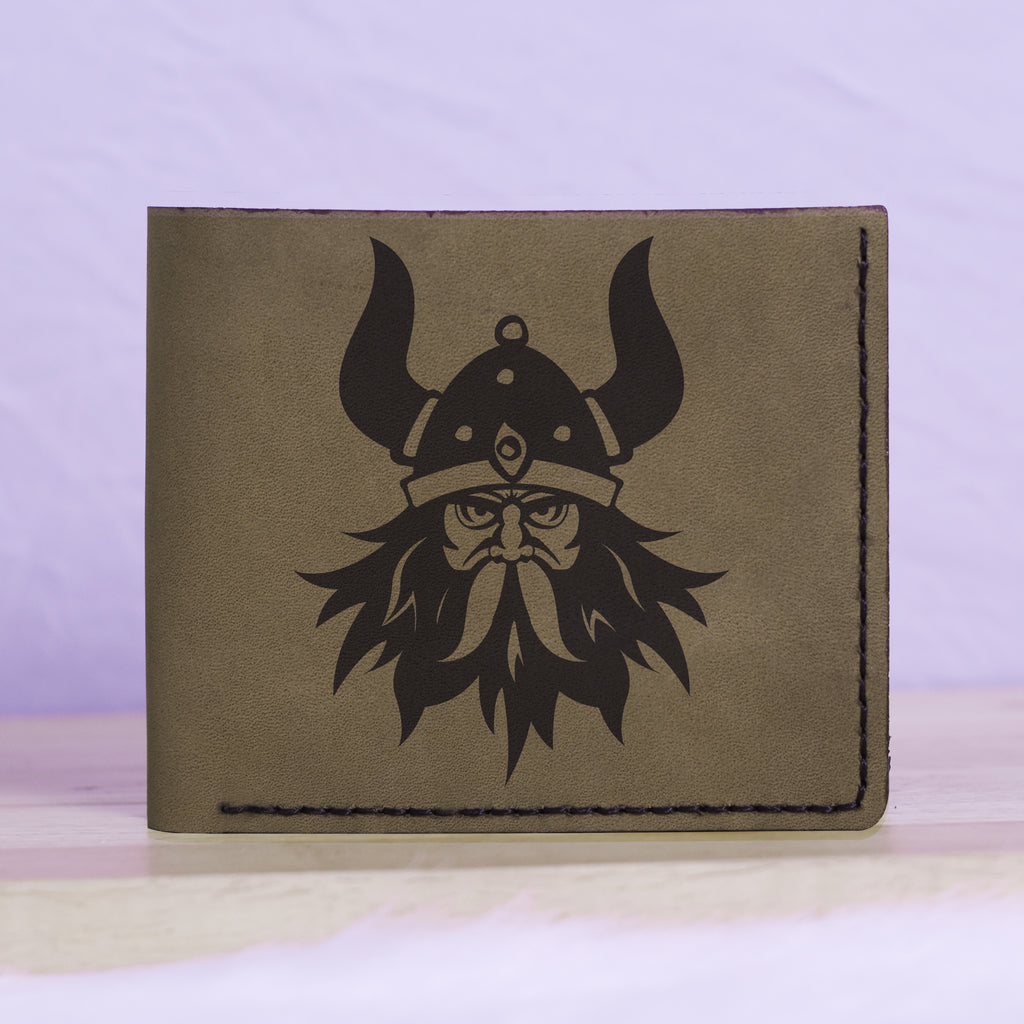 Men's Viking Head Natural Genuine Leather Blocking Bifold Wallet MHLT_01_GRN