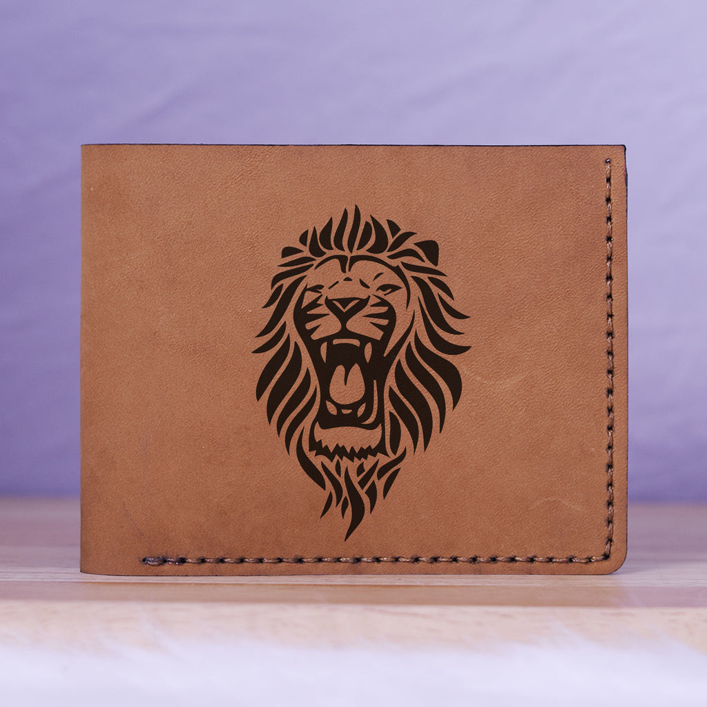 Men's Lion Tatoo Style Natural Genuine Leather Blocking Bifold Wallet MHLT_01_BRN