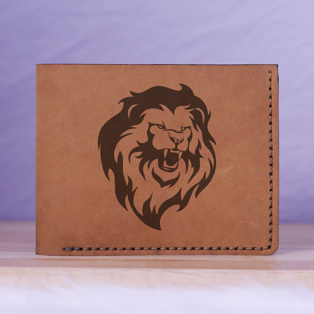 Men's Lion Tatoo Style Natural Genuine Leather Blocking Bifold Wallet MHLT_01_BRN