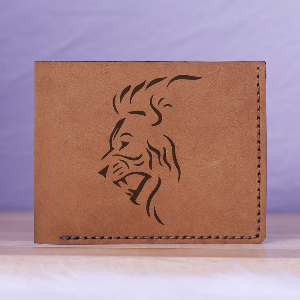 Men's Lion Tatoo Style Natural Genuine Leather Blocking Bifold Wallet MHLT_01_BRN