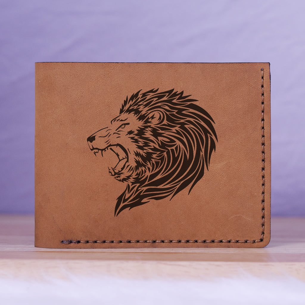 Men's Lion Tatoo Style Natural Genuine Leather Blocking Bifold Wallet MHLT_01_BRN