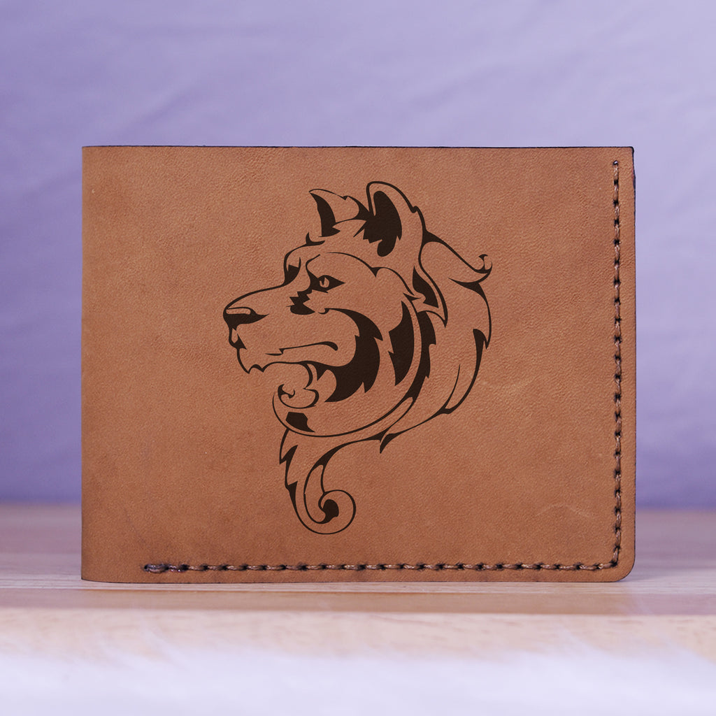 Men's Lion Tatoo Style Natural Genuine Leather Blocking Bifold Wallet MHLT_01_BRN
