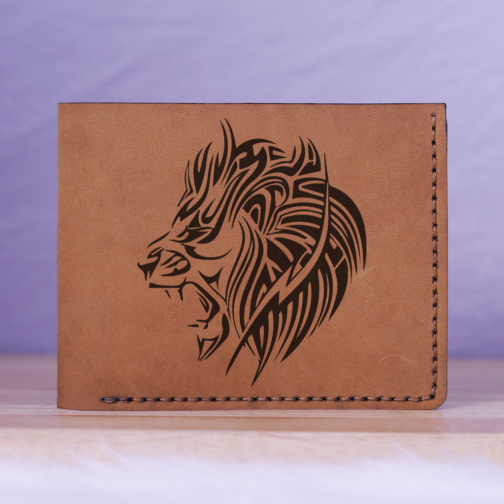Men's Lion Tatoo Style Natural Genuine Leather Blocking Bifold Wallet MHLT_01_BRN