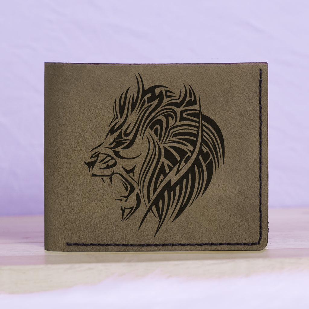 Men's Lion Tatoo Style Natural Genuine Leather Blocking Bifold Wallet MHLT_01_GRN