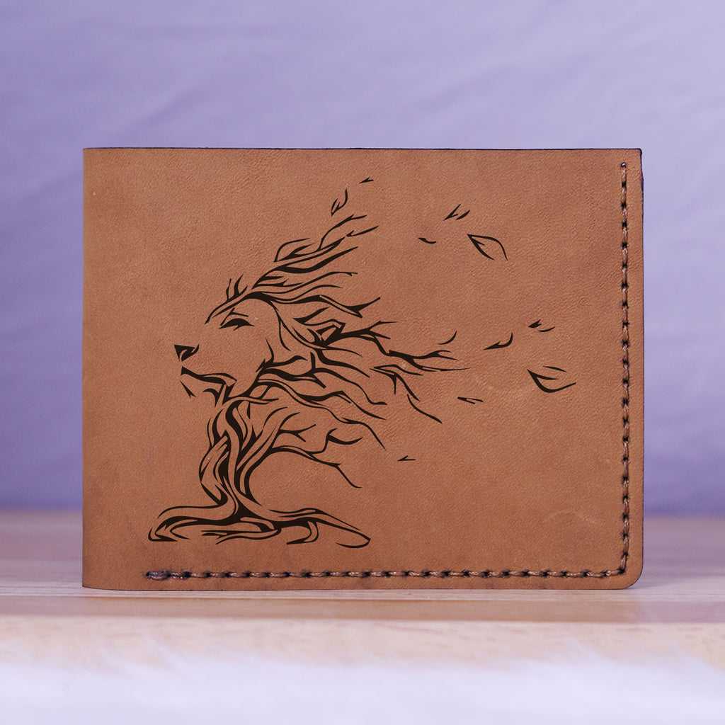 Men's Lion Tatoo Style Natural Genuine Leather Blocking Bifold Wallet MHLT_01_BRN