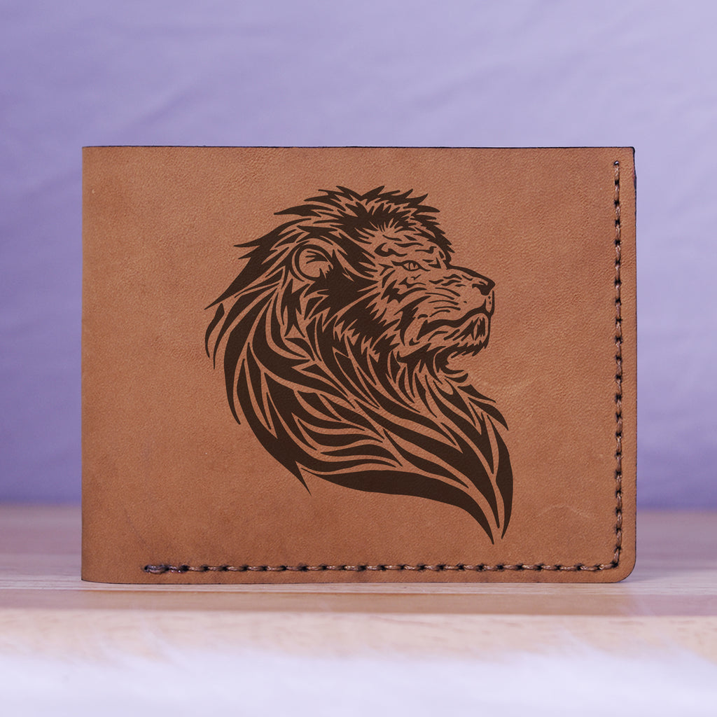 Men's Lion Tatoo Style Natural Genuine Leather Blocking Bifold Wallet MHLT_01_BRN