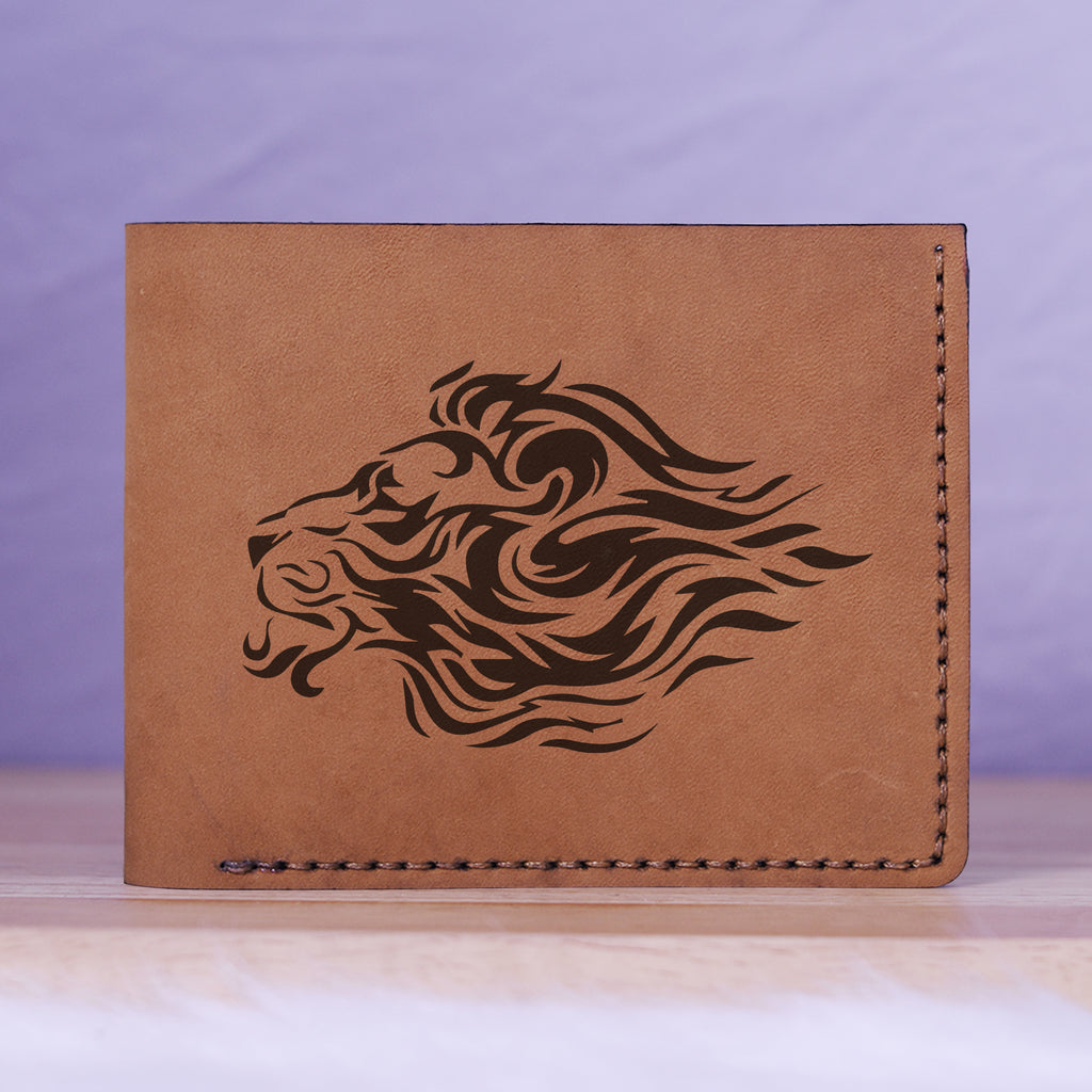 Men's Lion Tatoo Style Natural Genuine Leather Blocking Bifold Wallet MHLT_01_BRN