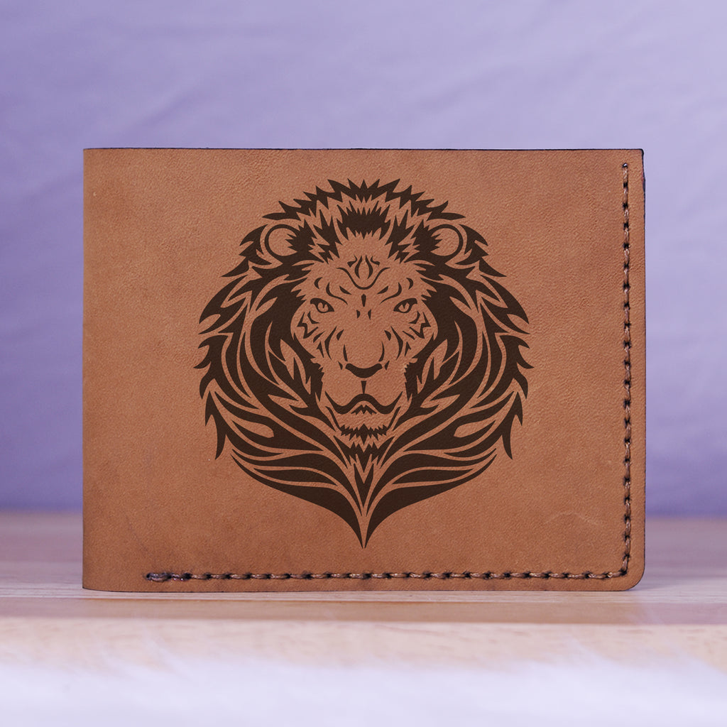 Men's Lion Tatoo Style Natural Genuine Leather Blocking Bifold Wallet MHLT_01_BRN