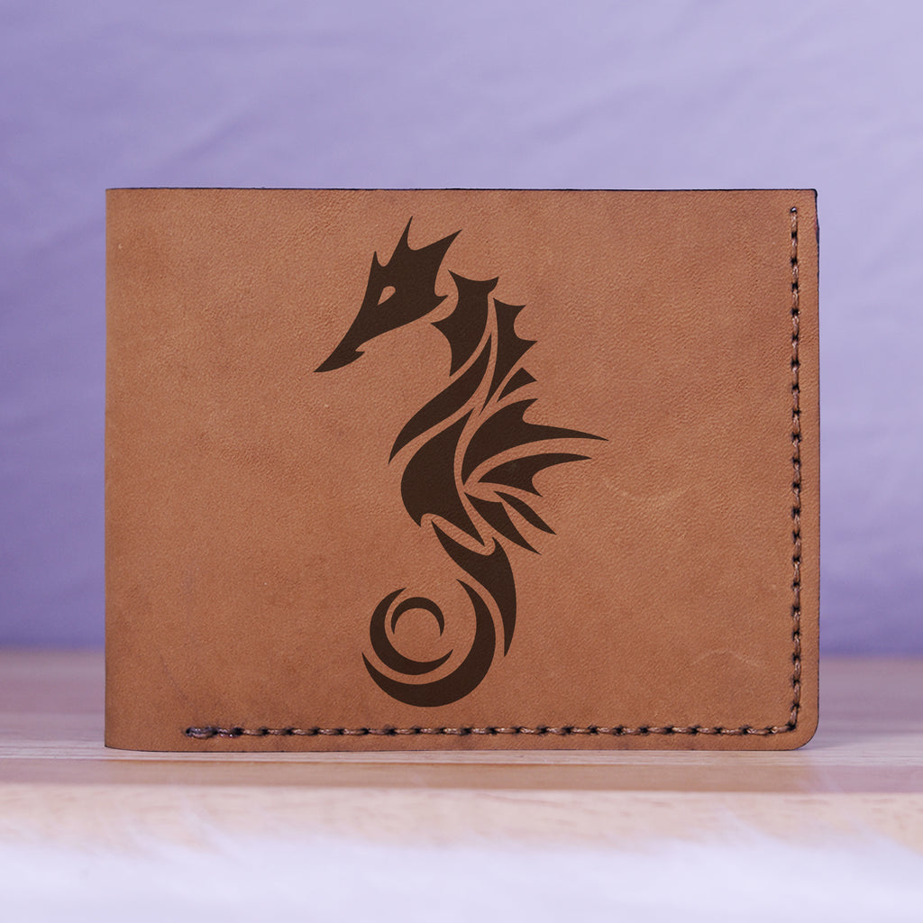 Men's Seahorse Abstract Natural Genuine Leather Blocking Bifold Wallet MHLT_01_BRN