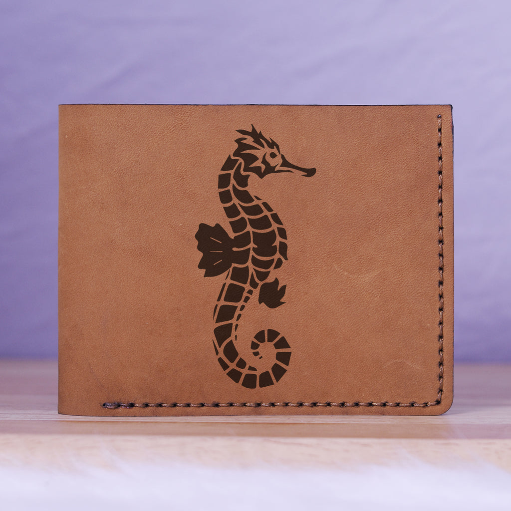 Men's Seahorse Abstract Natural Genuine Leather Blocking Bifold Wallet MHLT_01_BRN