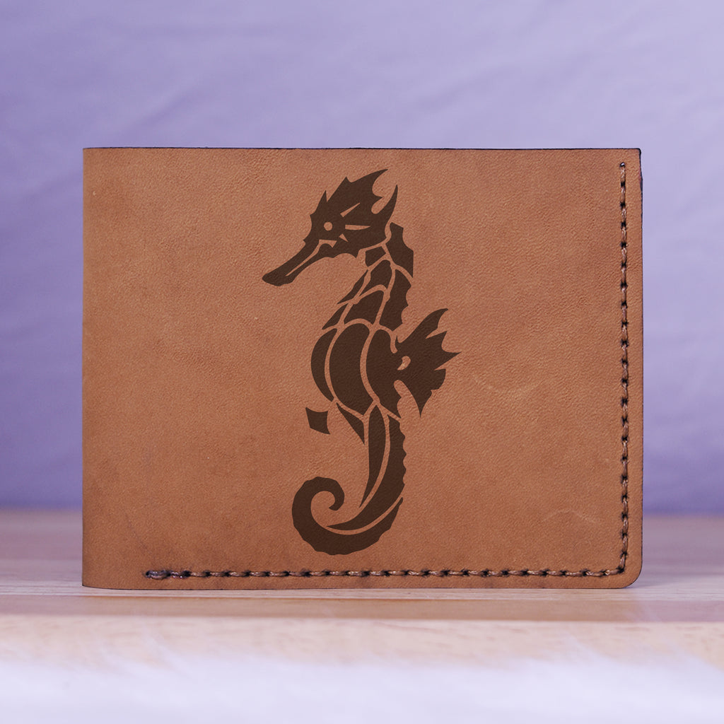 Men's Seahorse Abstract Natural Genuine Leather Blocking Bifold Wallet MHLT_01_BRN