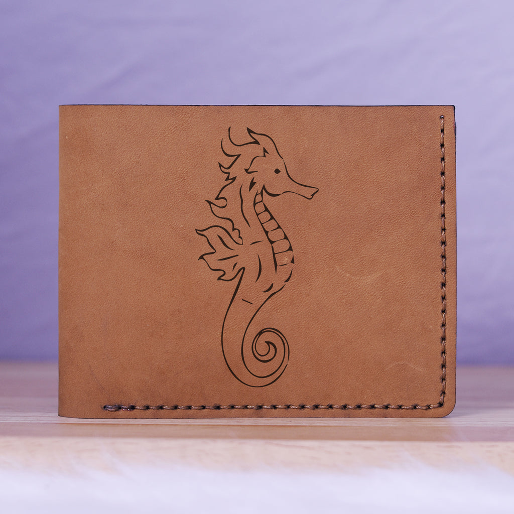 Men's Seahorse Abstract Natural Genuine Leather Blocking Bifold Wallet MHLT_01_BRN