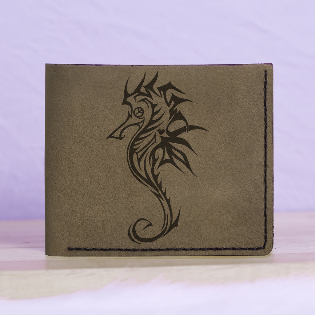 Men's Seahorse Abstract Natural Genuine Leather Blocking Bifold Wallet MHLT_01_GRN