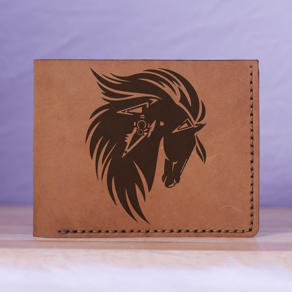 Men's Tribal Horse 2 Handmade Genuine Leather Blocking Bifold Wallet MHLT_01_BRN