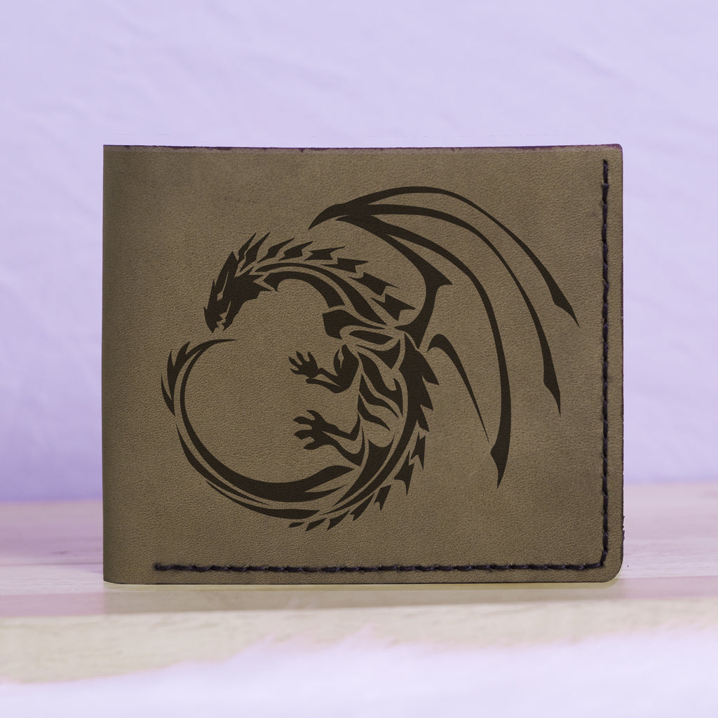 Men's Celtic Fire Dragon Handmade Genuine Leather Blocking Bifold Wallet MHLT_01_GRN