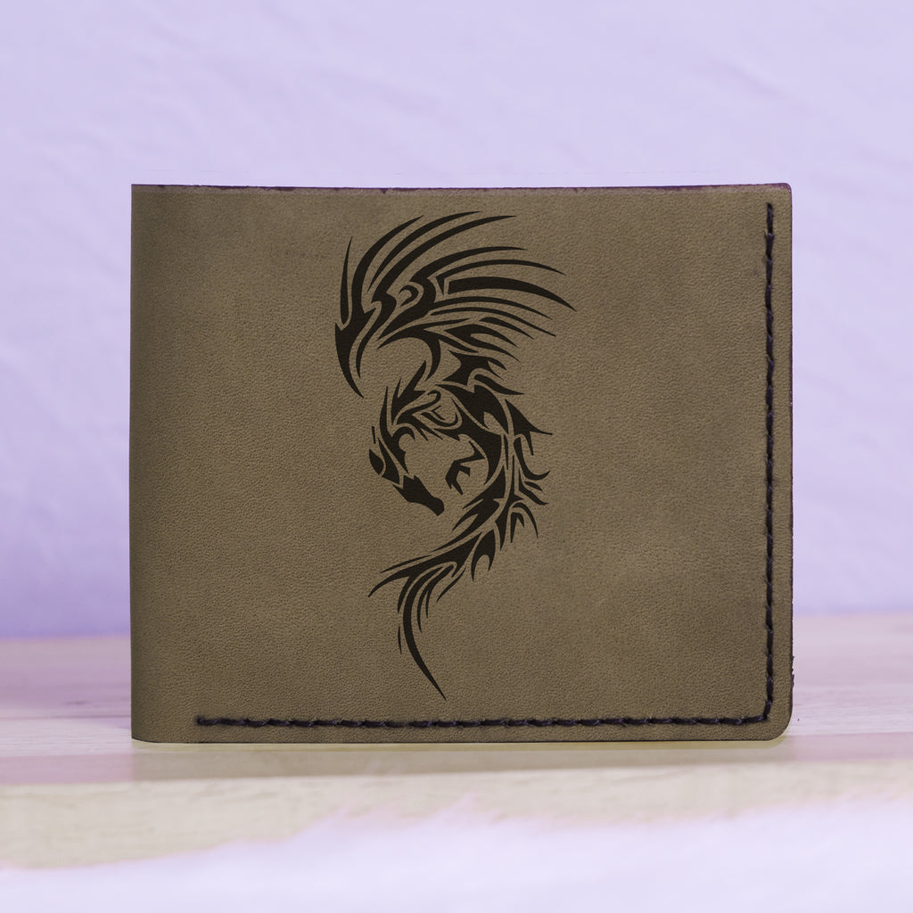 Men's Celtic Fire Dragon Handmade Genuine Leather Blocking Bifold Wallet MHLT_01_GRN