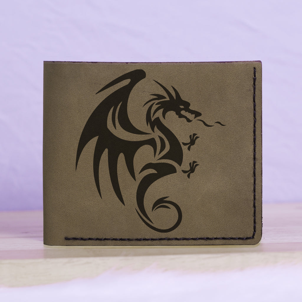 Men's Celtic Fire Dragon Handmade Genuine Leather Blocking Bifold Wallet MHLT_01_GRN