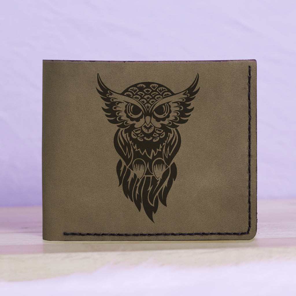 Men's Unique Owls Handmade Genuine Leather Blocking Bifold Wallet MHLT_01_GRN