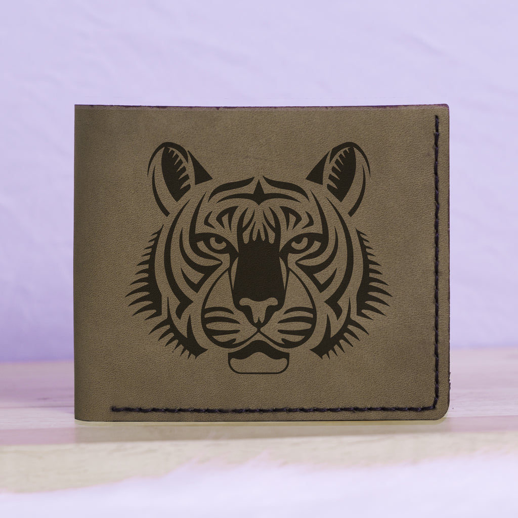 Men's Tribal Tiger Abstract Genuine Leather Blocking Bifold Wallet MHLT_01_GRN