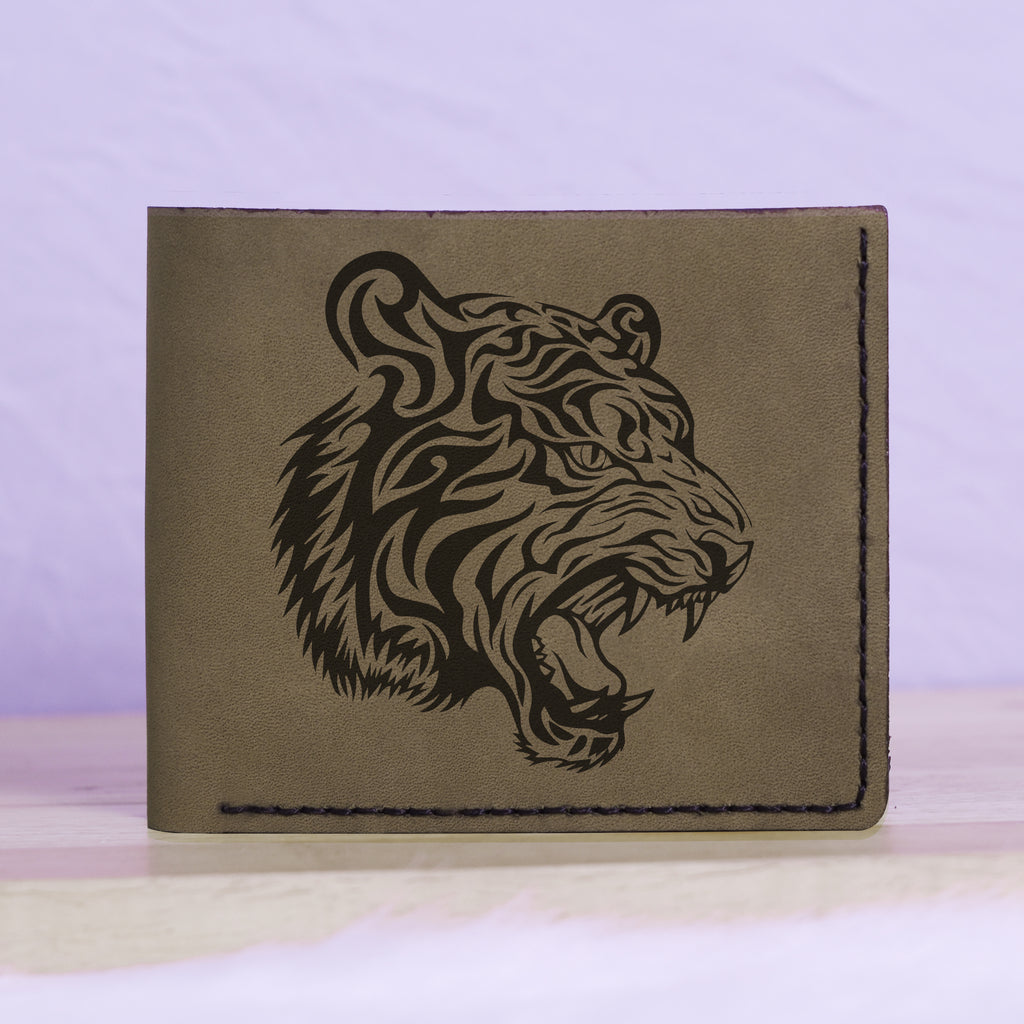 Men's Tribal Tiger Abstract Genuine Leather Blocking Bifold Wallet MHLT_01_GRN
