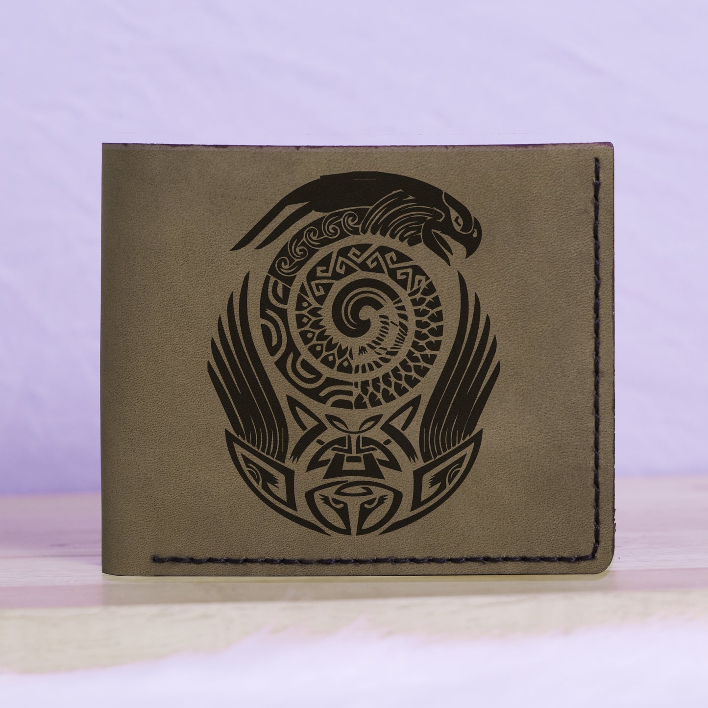 Native American Skull & Symbol Genuine Leather Blocking Bifold Wallet MHLT_01_GRN