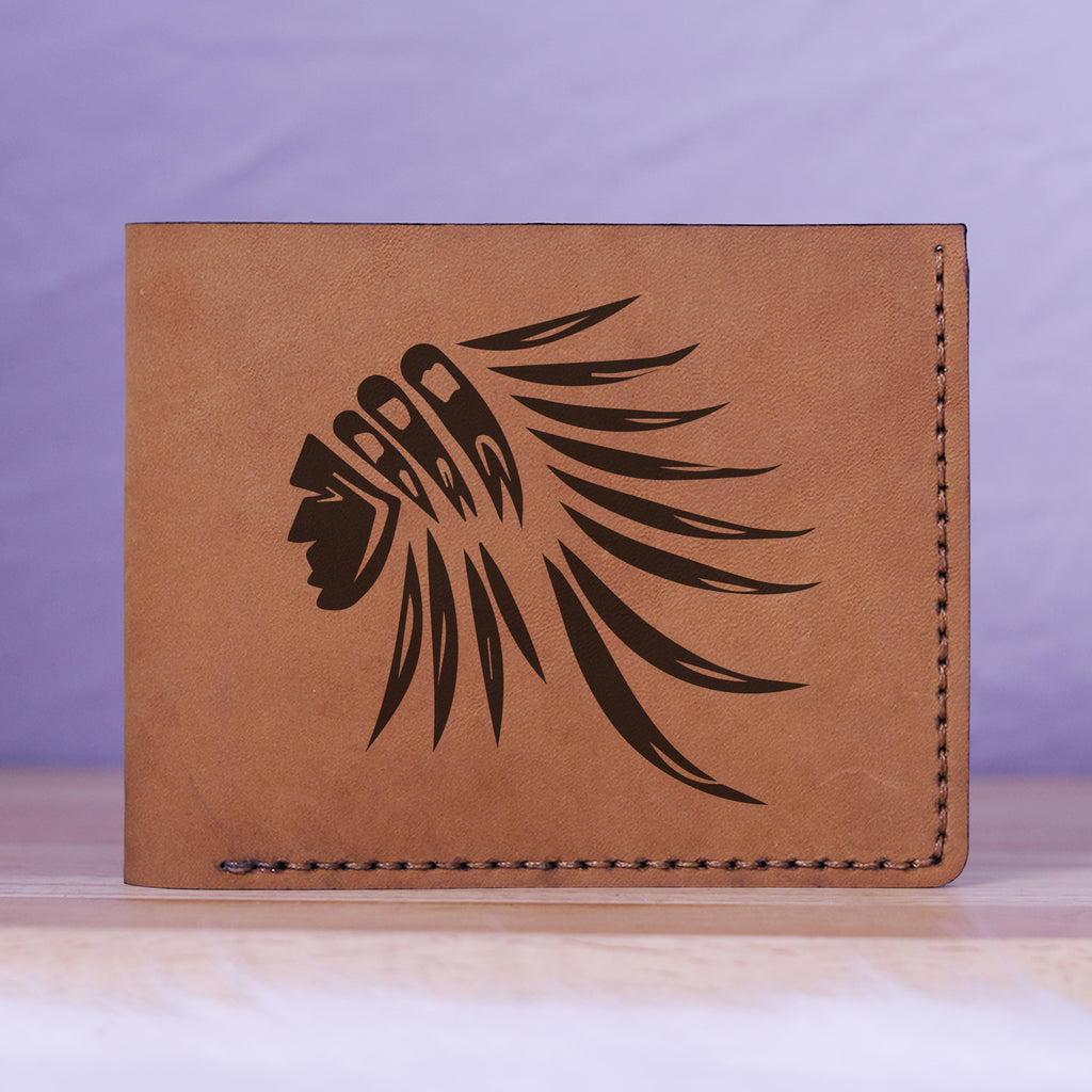 Native American Skull & Symbol Genuine Leather Blocking Bifold Wallet MHLT_01_BRN