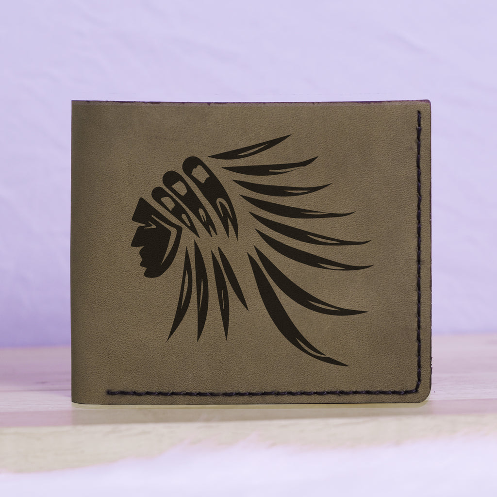 Native American Skull & Symbol Genuine Leather Blocking Bifold Wallet MHLT_01_GRN