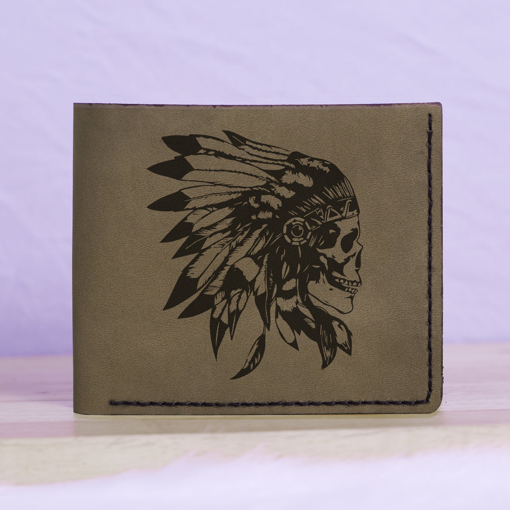 Native American Skull & Symbol Genuine Leather Blocking Bifold Wallet MHLT_01_GRN