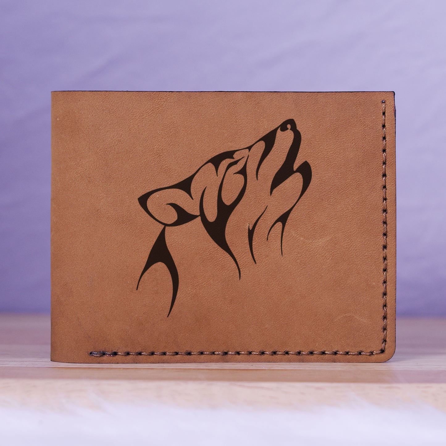 Men's Wolf Abstract Natural Genuine Leather Blocking Bifold Wallet MHLT_01_BRN