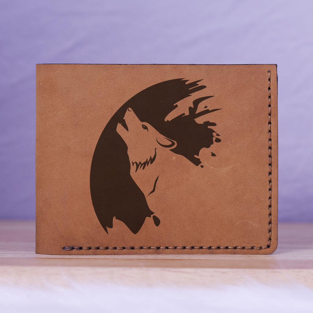 Men's Wolf Abstract Natural Genuine Leather Blocking Bifold Wallet MHLT_01_BRN