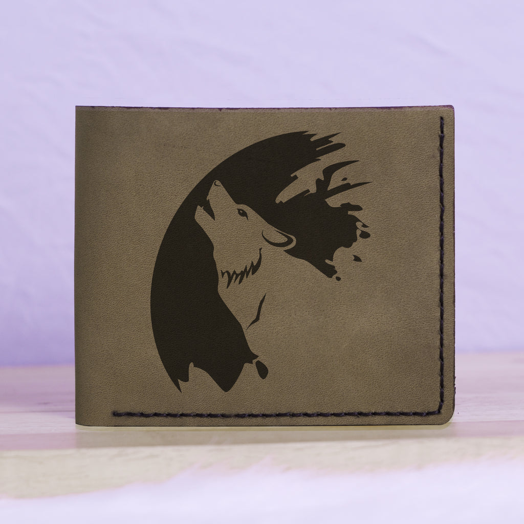 Men's Wolf Abstract Natural Genuine Leather Blocking Bifold Wallet MHLT_01_GRN