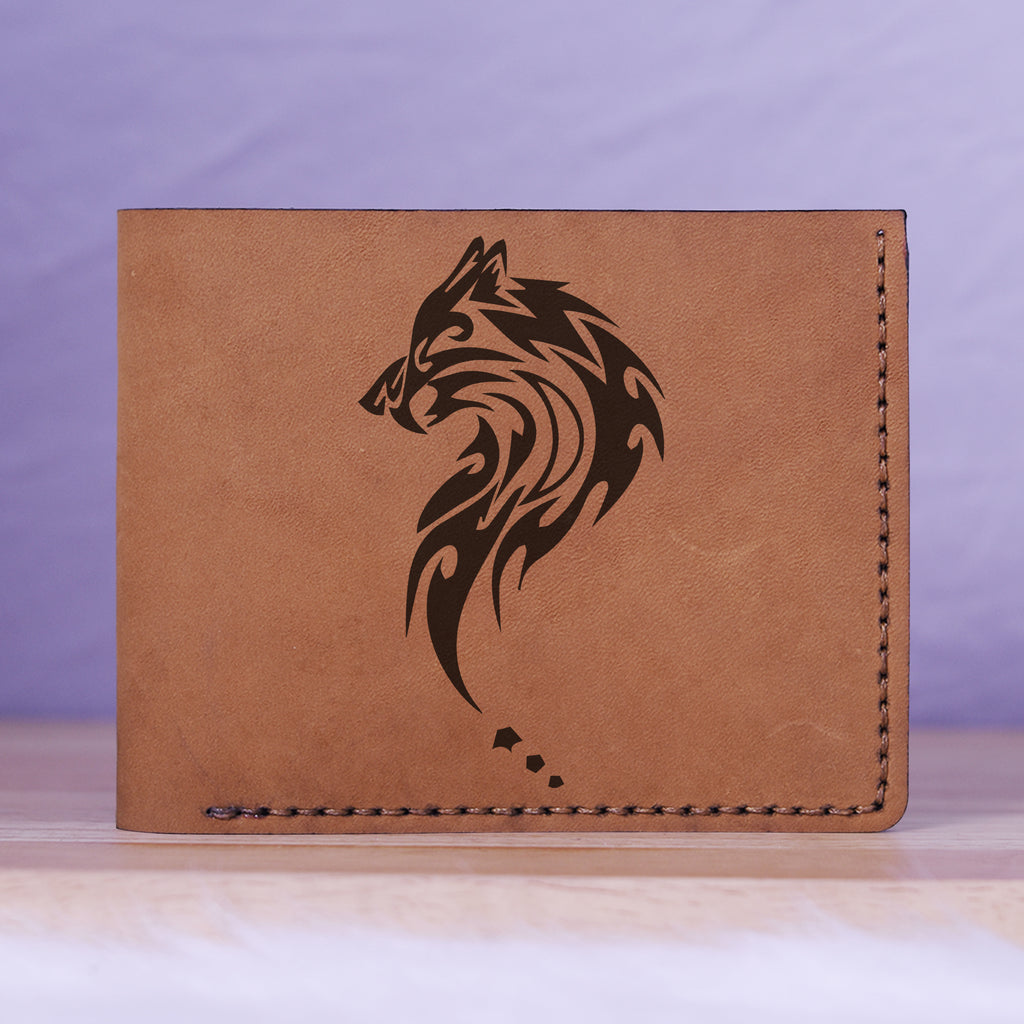 Men's Wolf Abstract Natural Genuine Leather Blocking Bifold Wallet MHLT_01_BRN