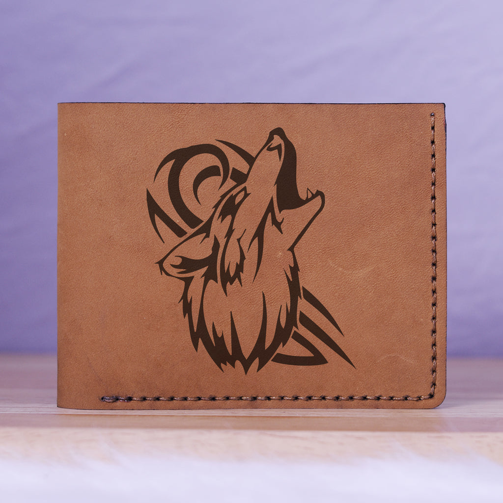 Men's Wolf Abstract Natural Genuine Leather Blocking Bifold Wallet MHLT_01_BRN