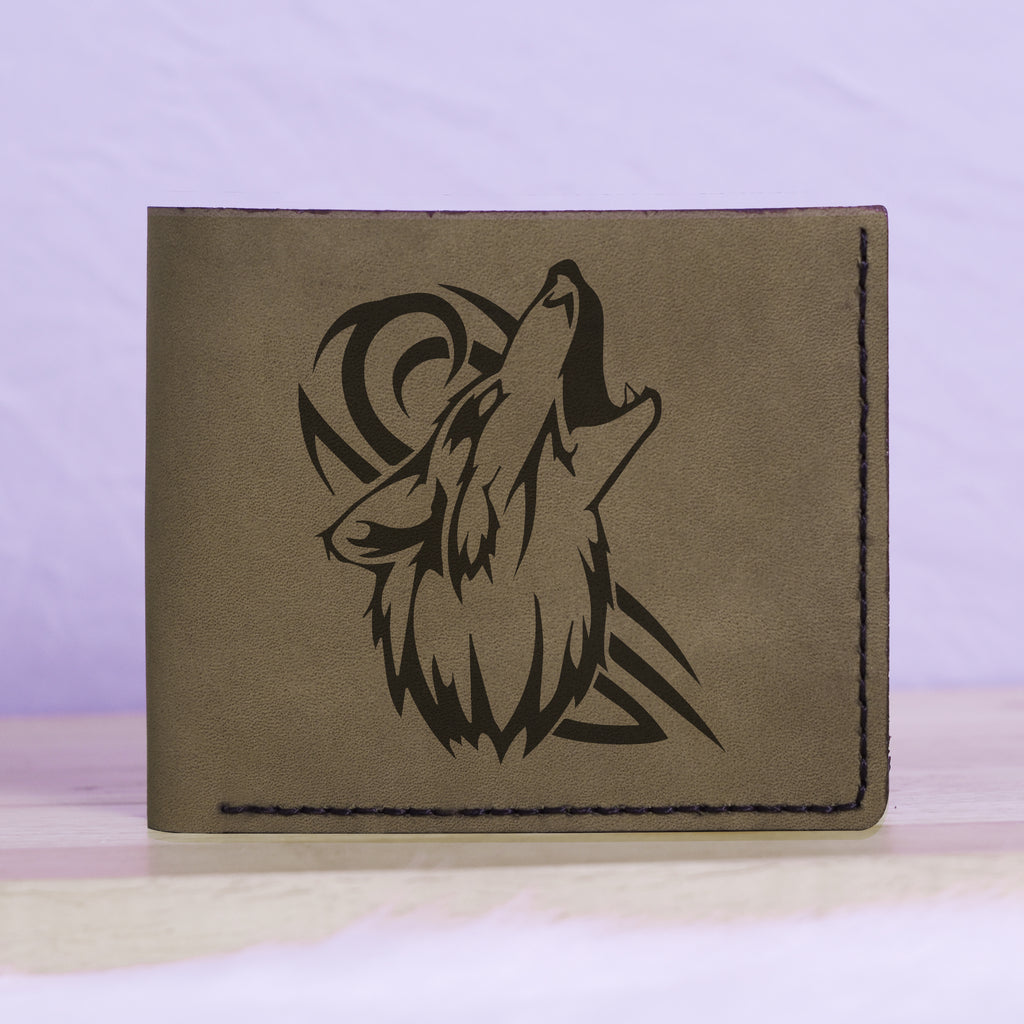 Men's Wolf Abstract Natural Genuine Leather Blocking Bifold Wallet MHLT_01_GRN