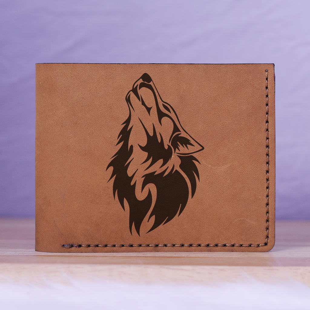 Men's Wolf Abstract Natural Genuine Leather Blocking Bifold Wallet MHLT_01_BRN