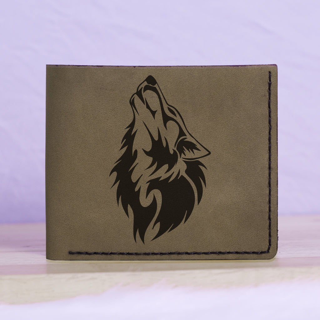 Men's Wolf Abstract Natural Genuine Leather Blocking Bifold Wallet MHLT_01_GRN
