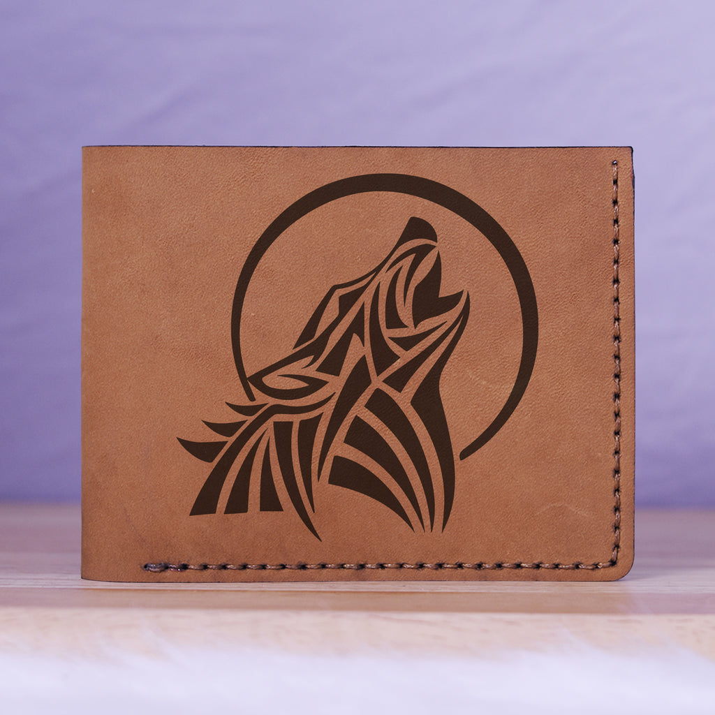 Men's Wolf Abstract Natural Genuine Leather Blocking Bifold Wallet MHLT_01_BRN