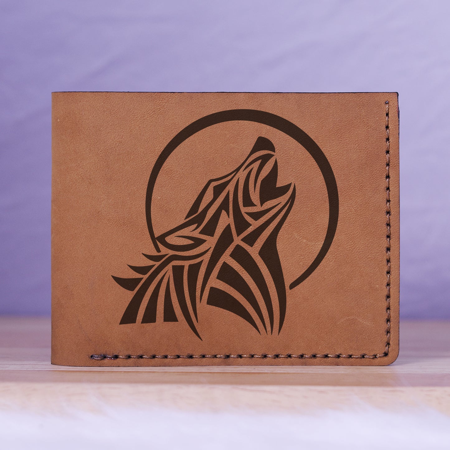 Men's Wolf Abstract Natural Genuine Leather Blocking Bifold Wallet MHLT_01_BRN