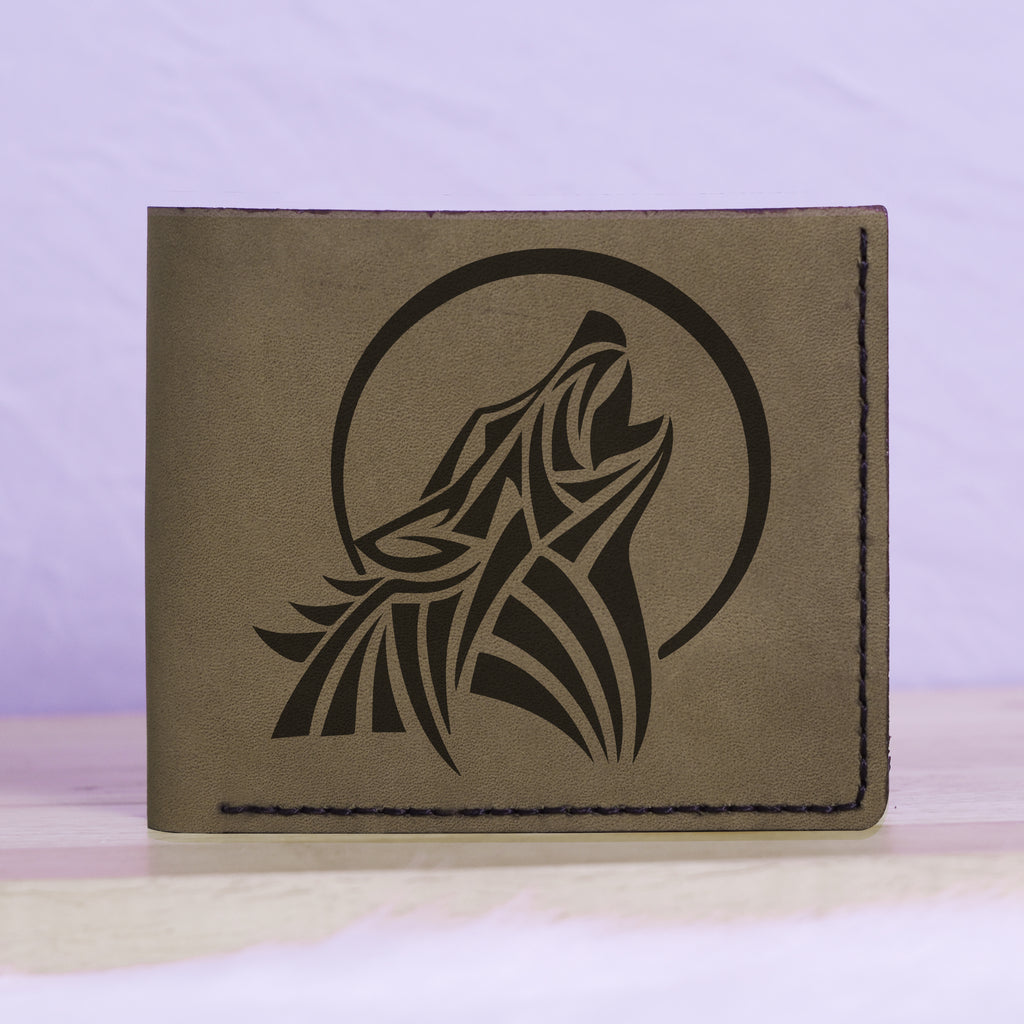 Men's Wolf Abstract Natural Genuine Leather Blocking Bifold Wallet MHLT_01_GRN