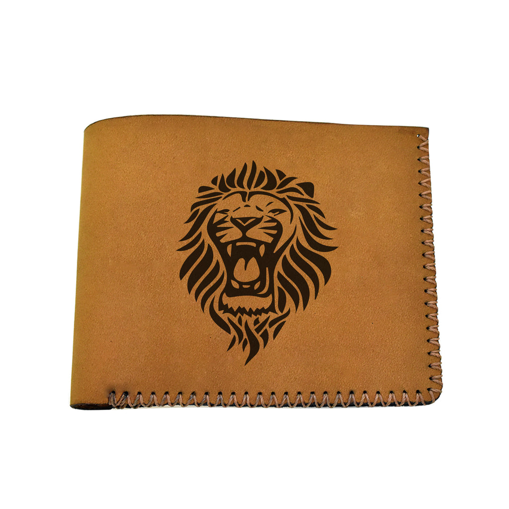 Men's Lion Tatoo Style Natural Genuine Leather Blocking Bifold Wallet MHLT_02_BRN