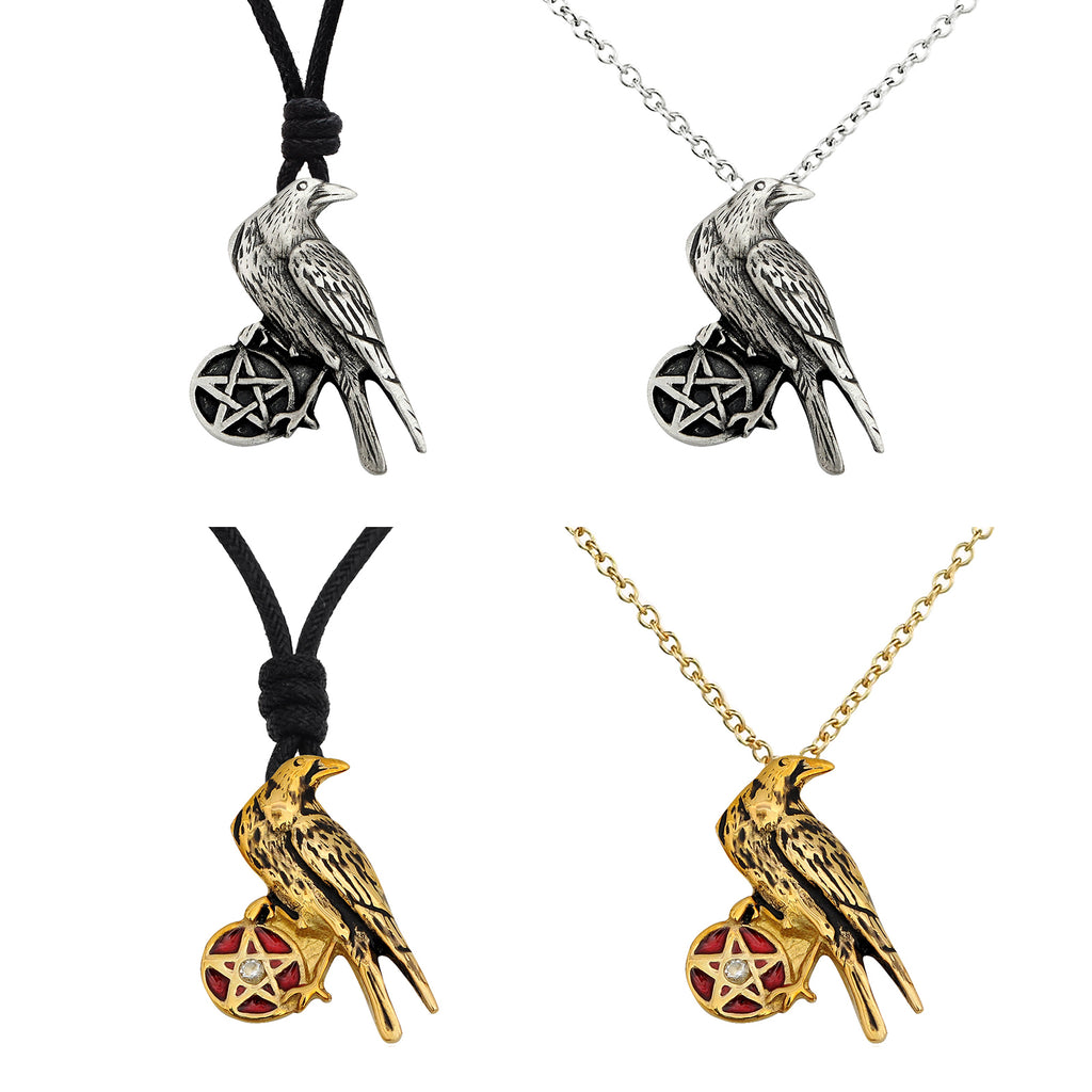 Raven and Pentagram Handmade Silver Pewter Brass Pewter Necklace Pendant Jewelry