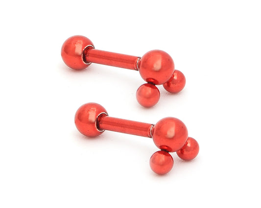 1 Red Powder Coated Stainless Three Studs Earrings Body Piercing Jewelry