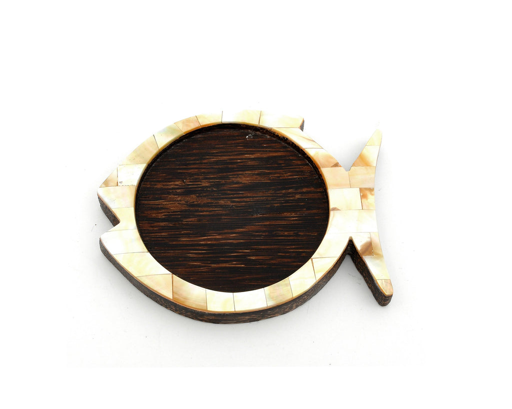 Myanmar Handmade Coconut Wood Fish Coaster With Mother of Pearl Inlay