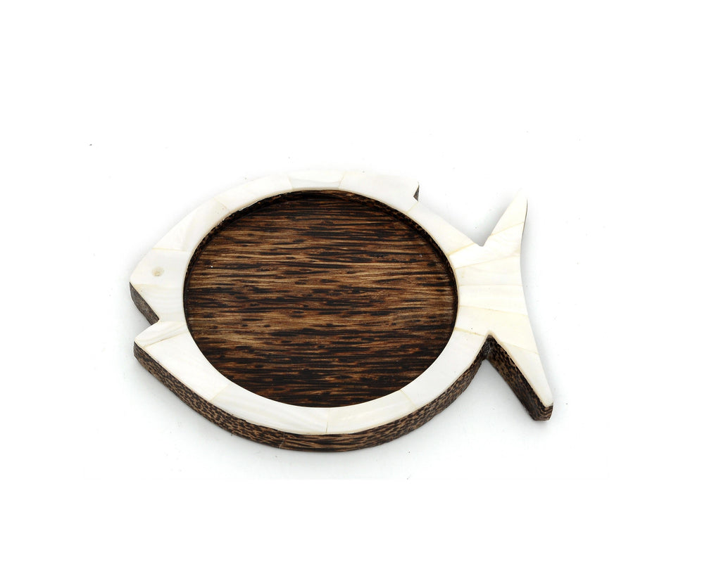 Myanmar Handmade Coconut Wood Fish Coaster With Mother of Pearl Inlay