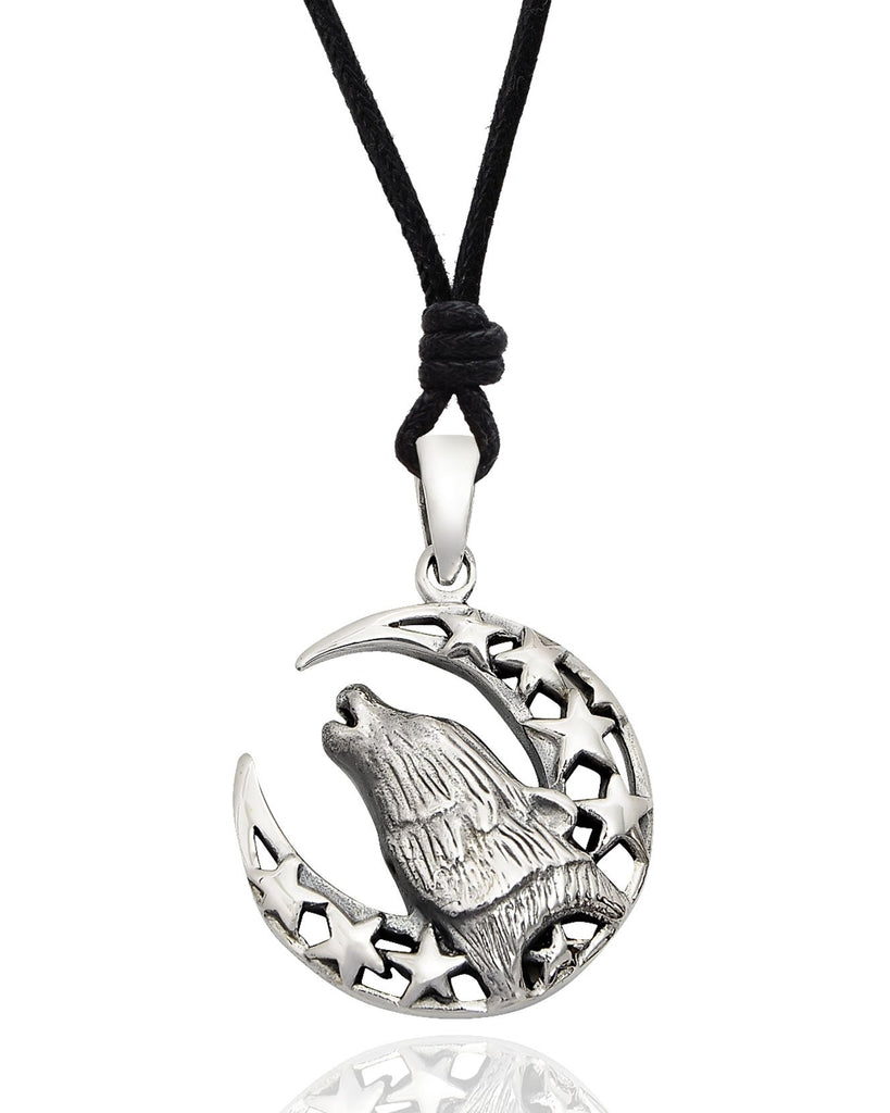 Wolf Howling Moon Indian 92.5 Sterling Silver Charm Necklace Pendent Jewelry