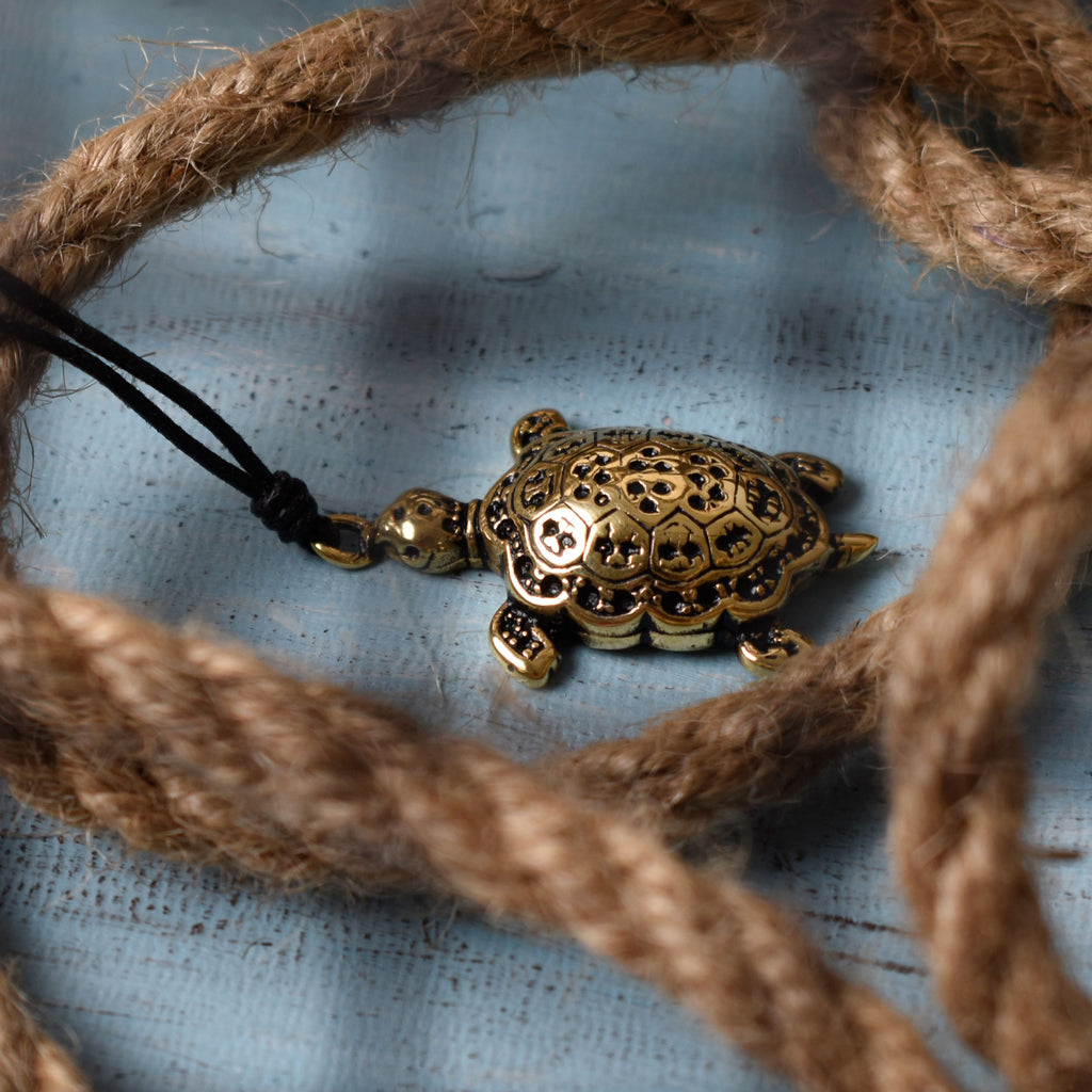 Turtle Chinese Luck I Ching Handmade Brass Necklace Pendant Jewelry