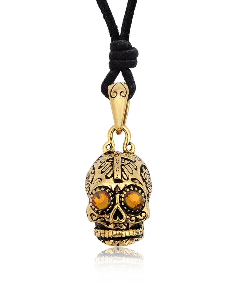 New Mexican Skull Cross Jesus Handmade Gold Brass Necklace Pendant Jewelry