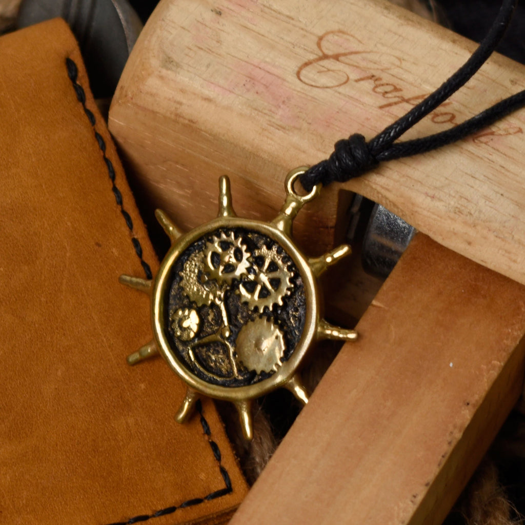 Gears Ship Captians Wheel Silver Pewter Gold Brass Necklace Pendant Jewelry